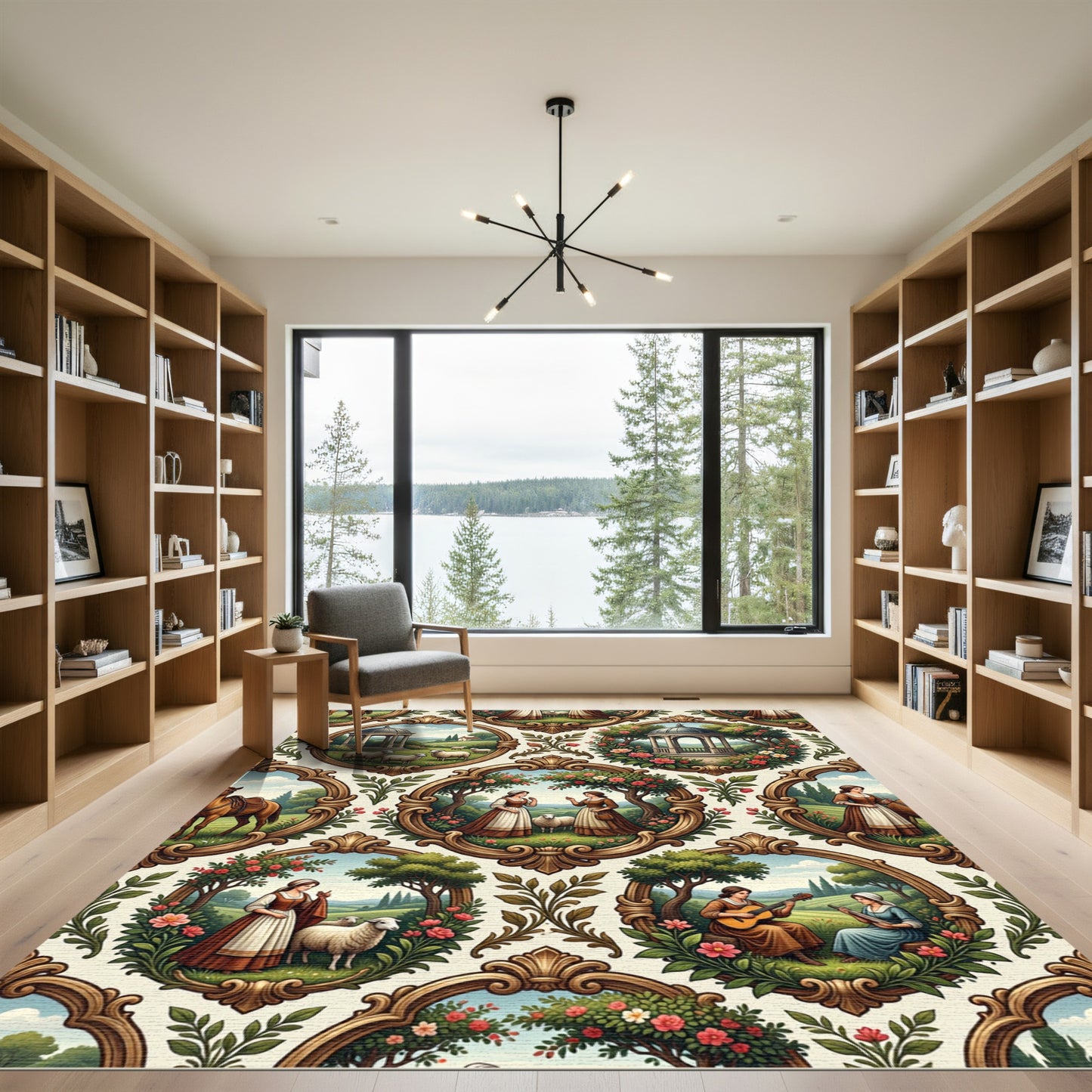 Pastoral Scene Framed Garden Tapestry Rug