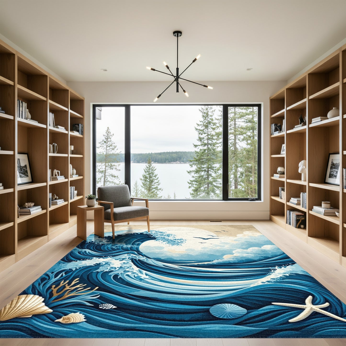 Blue Crashing Wave Moon Birds Rug