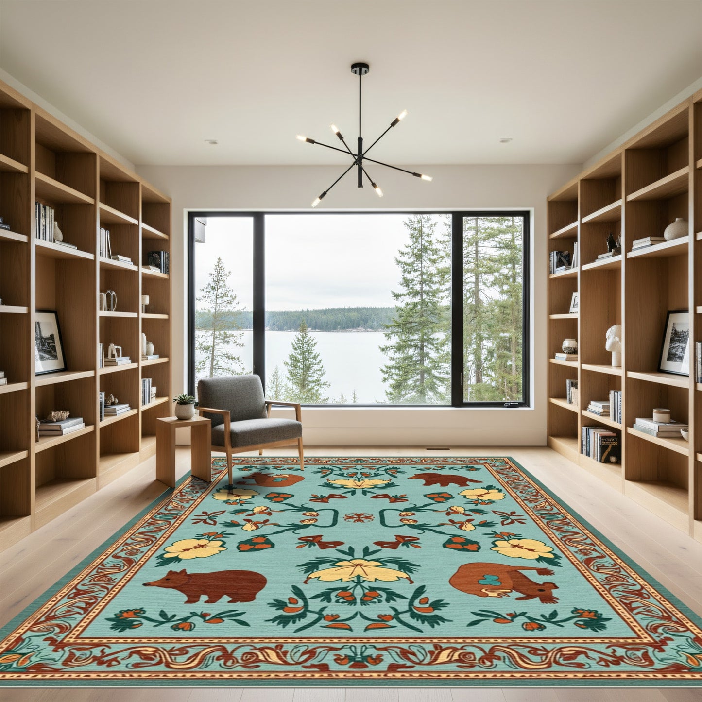 Folk Art Forest Animals Floral Border Rug