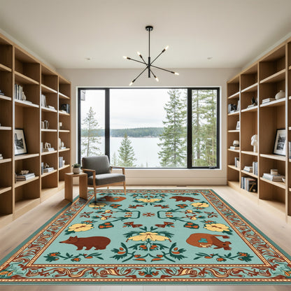Folk Art Forest Animals Floral Border Rug
