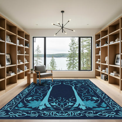 Cyan Tree Flourish Scroll Border Rug