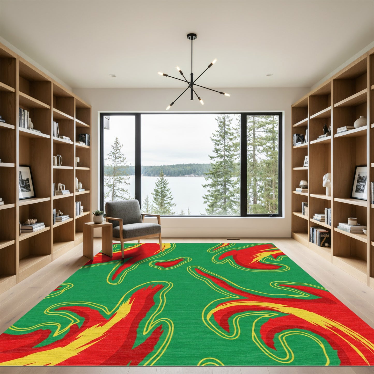 Vibrant Green Flowing Fire Shape Rug