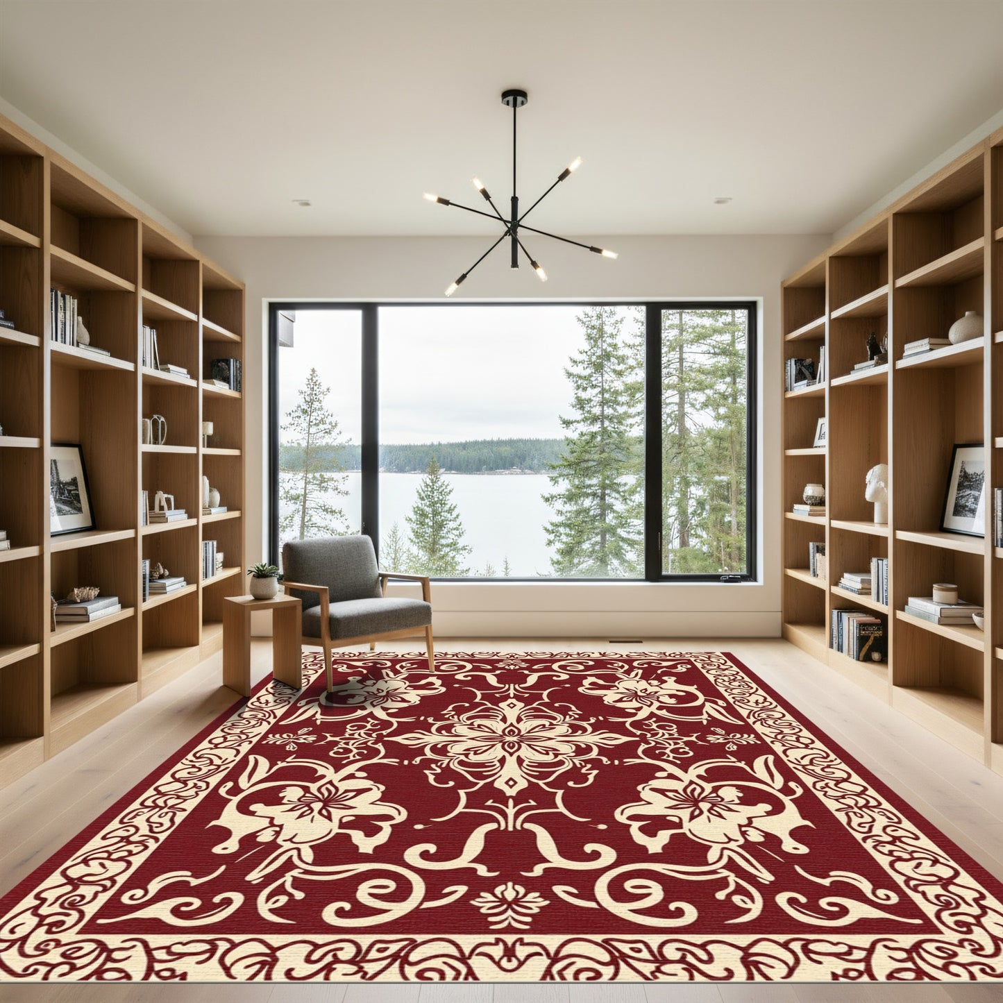 Crimson Cream Floral Medallion Border Rug