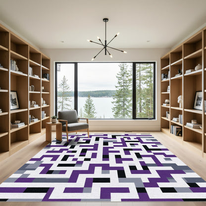 Modern Purple Black Geometric Maze Rug