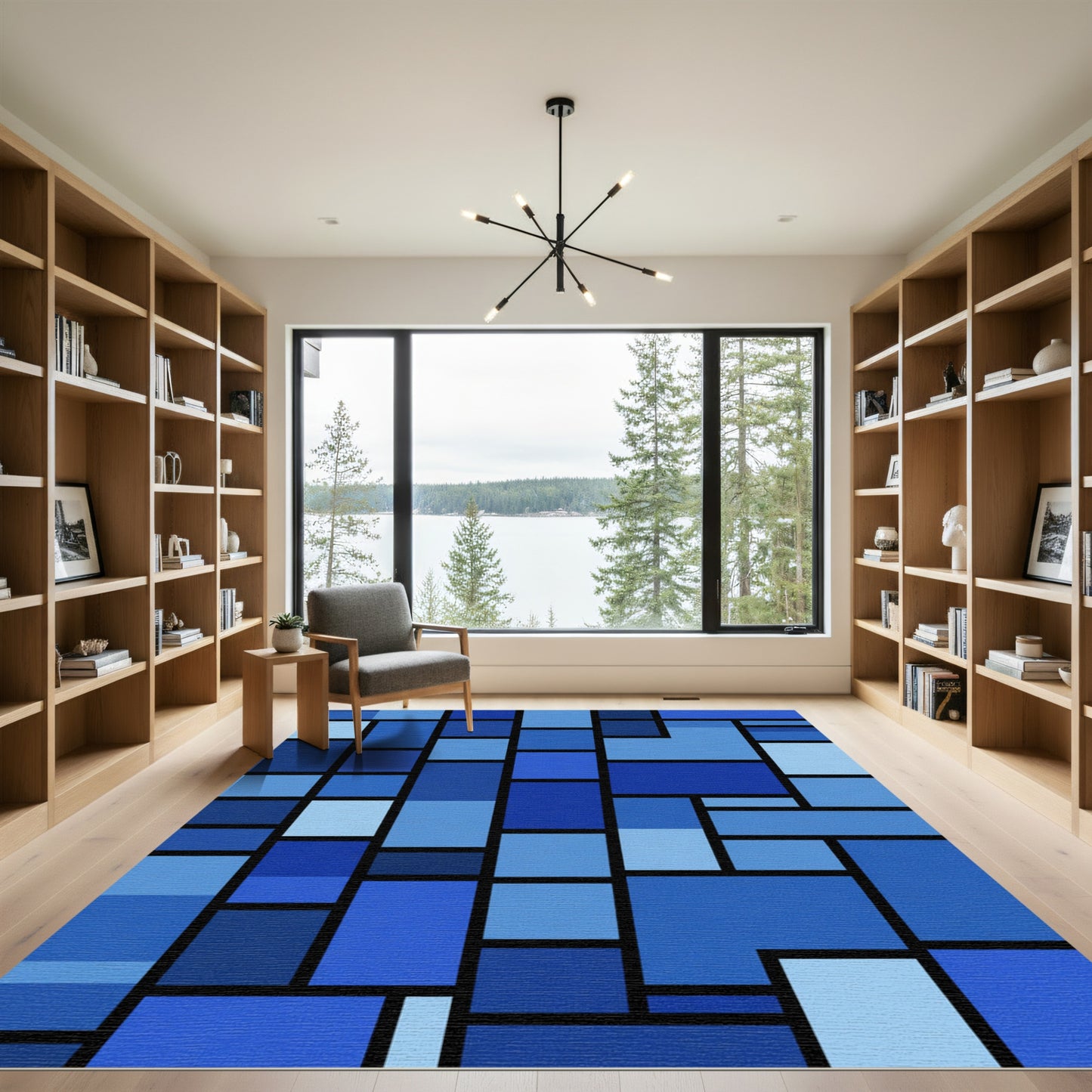 Modern Blue Mondrian Rectangles Rug
