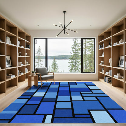 Modern Blue Mondrian Rectangles Rug