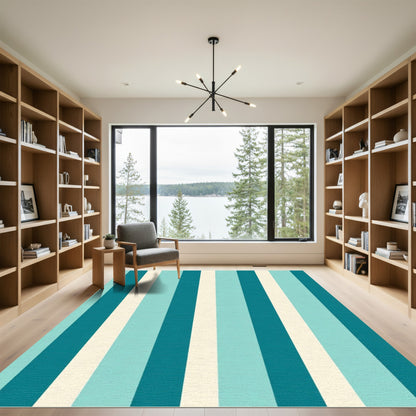 Aqua Teal Cream Vertical Stripes Rug
