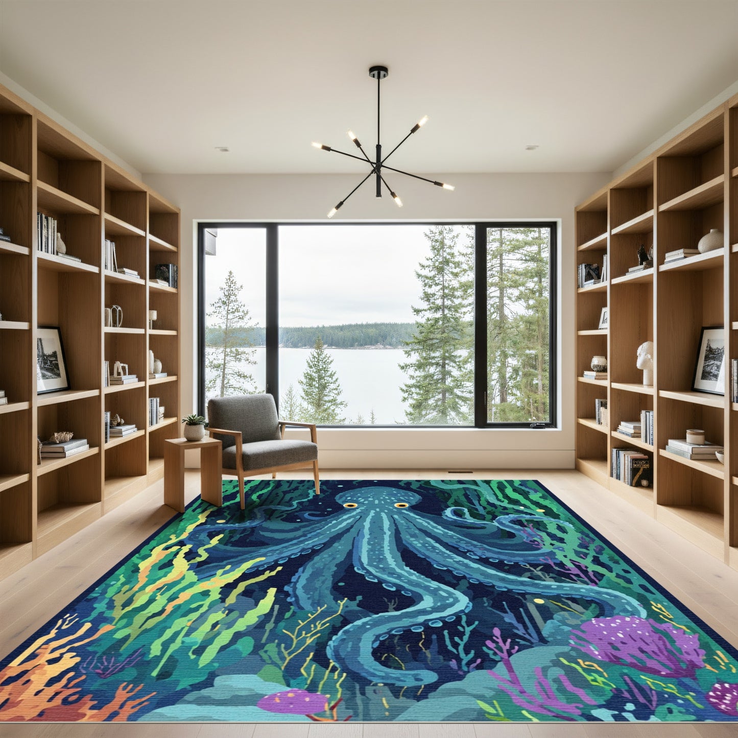 Aqua Octopus Amidst Coral Life Rug