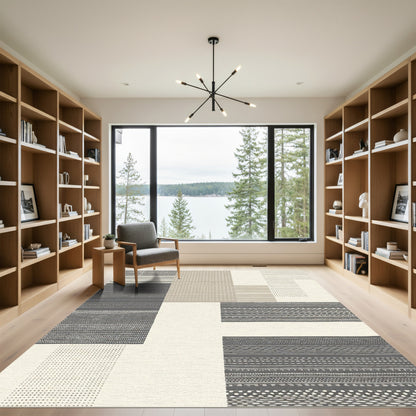 Gray Beige Abstract Geometric Patchwork Rug