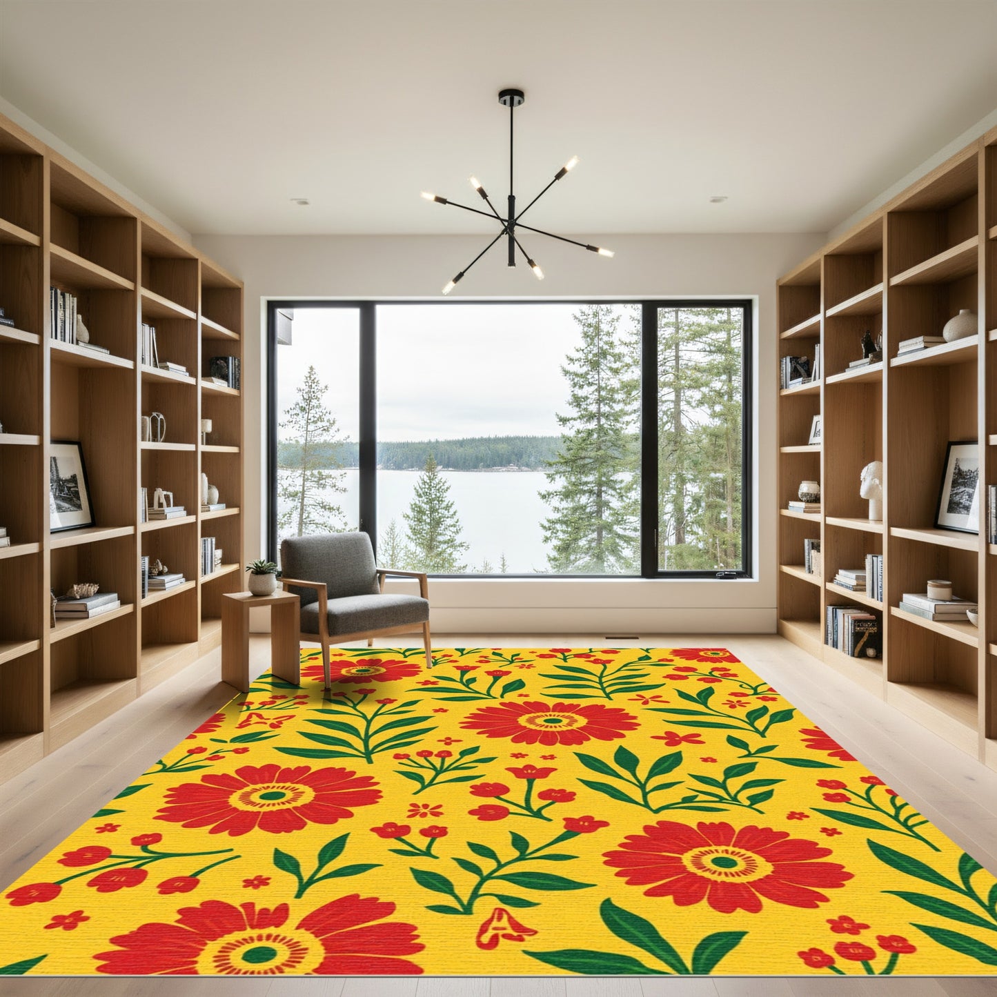 Vibrant Red Floral Yellow Background Rug