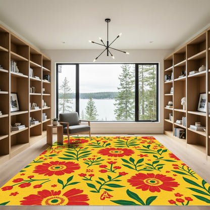 Vibrant Red Floral Yellow Background Rug