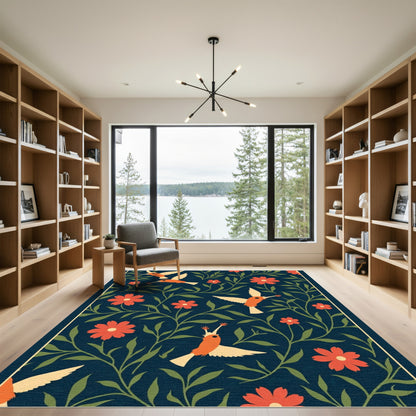 Orange Hummingbirds Floral Navy Garden Rug