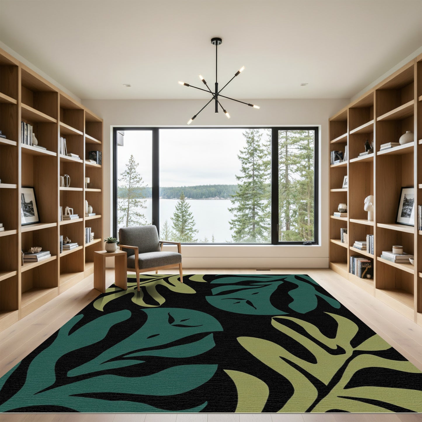 Deep Teal Olive Tropical Leaves Rug
