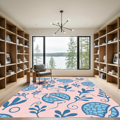 Blue Floral Swirls Pale Pink Rug