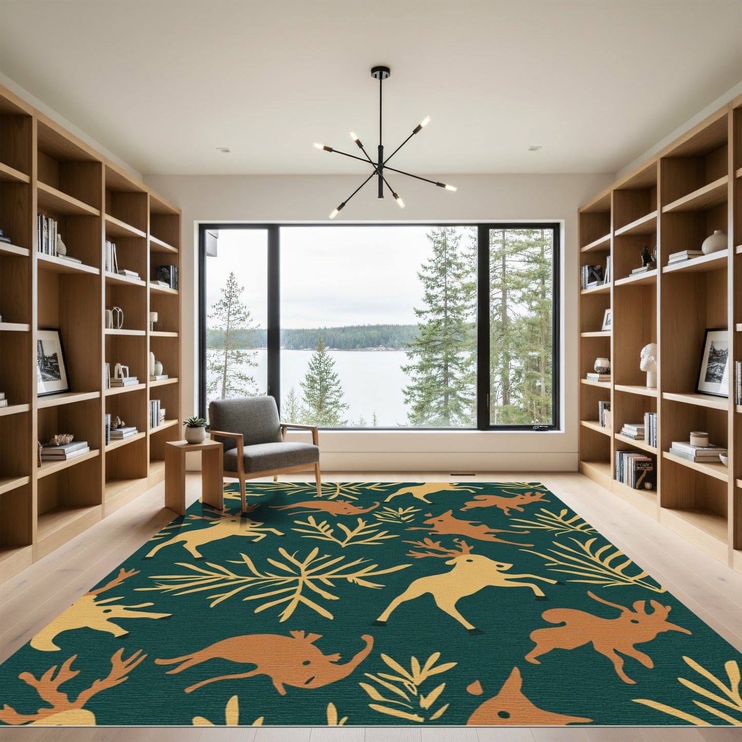 Golden Deer Teal Woodland Print Rug