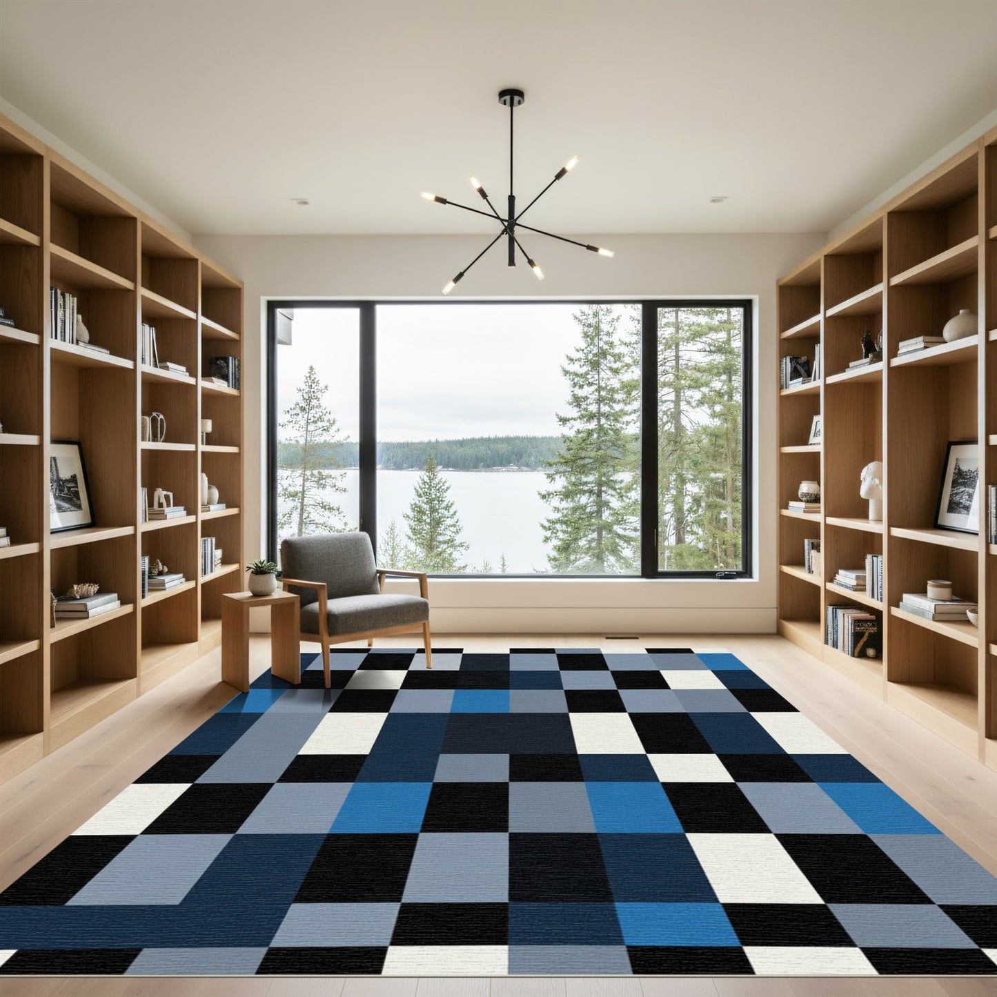 Deep Blue Geometric Checkered Arrangement Rug