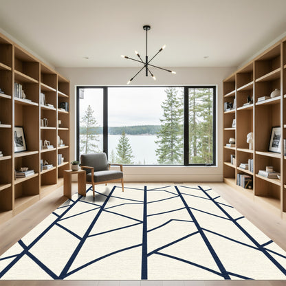 Cream Navy Abstract Geometric Lines Rug