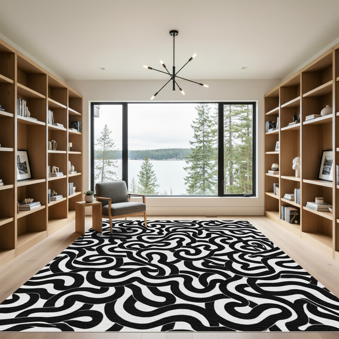 Bold Black And White Organic Swirl Rug