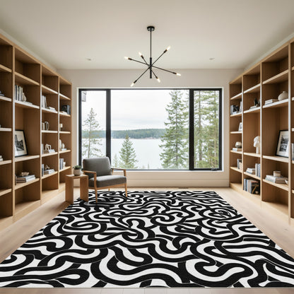 Bold Black And White Organic Swirl Rug