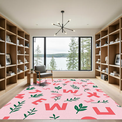 Pink Crimson Alphabet Botanical Background Rug