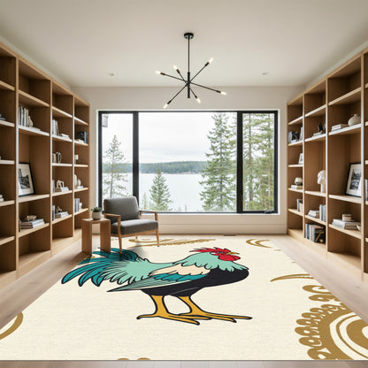 Aqua Rooster With Golden Swirls Rug