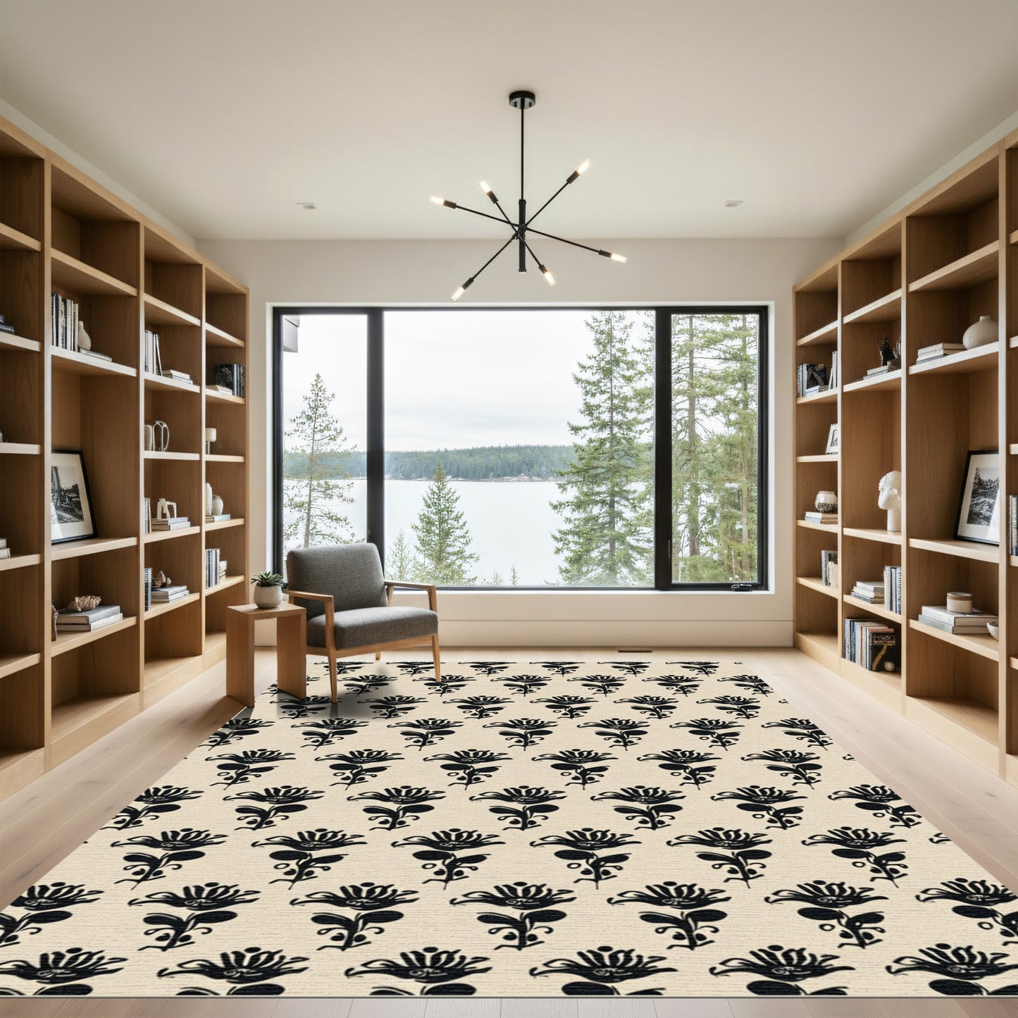 Black Floral Vine Repeat Rug