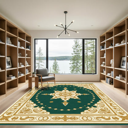 Deep Emerald Golden Medallion Ornamental Rug