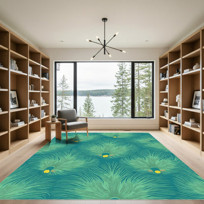 Teal Green Peacock Feather Pattern Rug