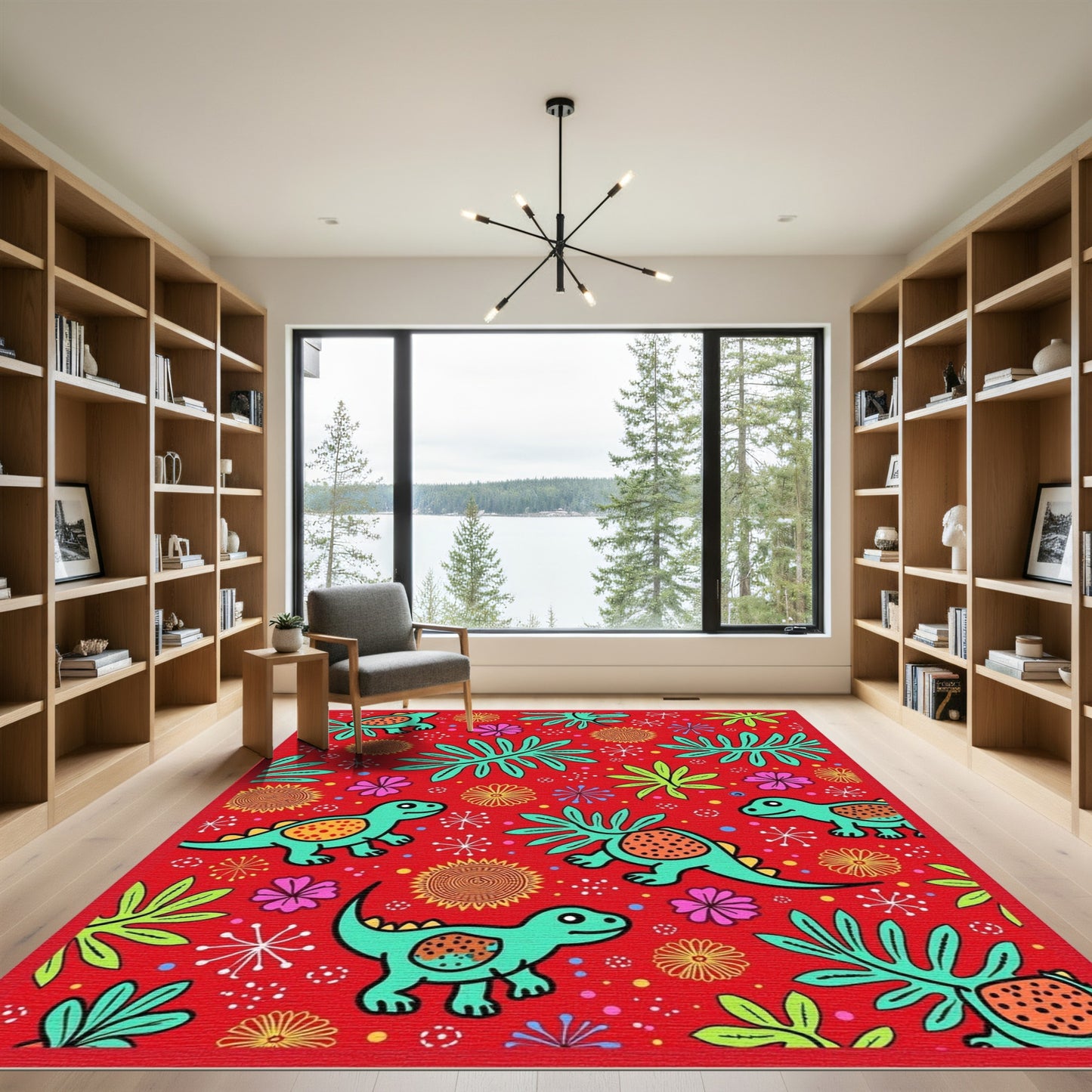 Playful Red Dinosaur Jungle Whimsy Rug