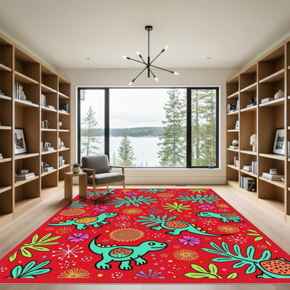 Playful Red Dinosaur Jungle Whimsy Rug