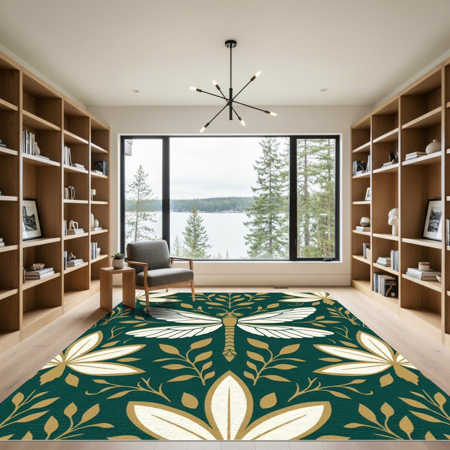 Emerald Golden Dragonfly Floral Medallion Rug