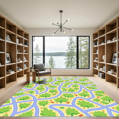 Whimsical Green Tree Landscape Roads Rug