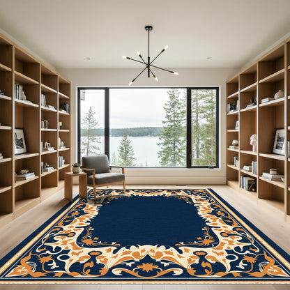 Deep Blue Golden Floral Border Rug