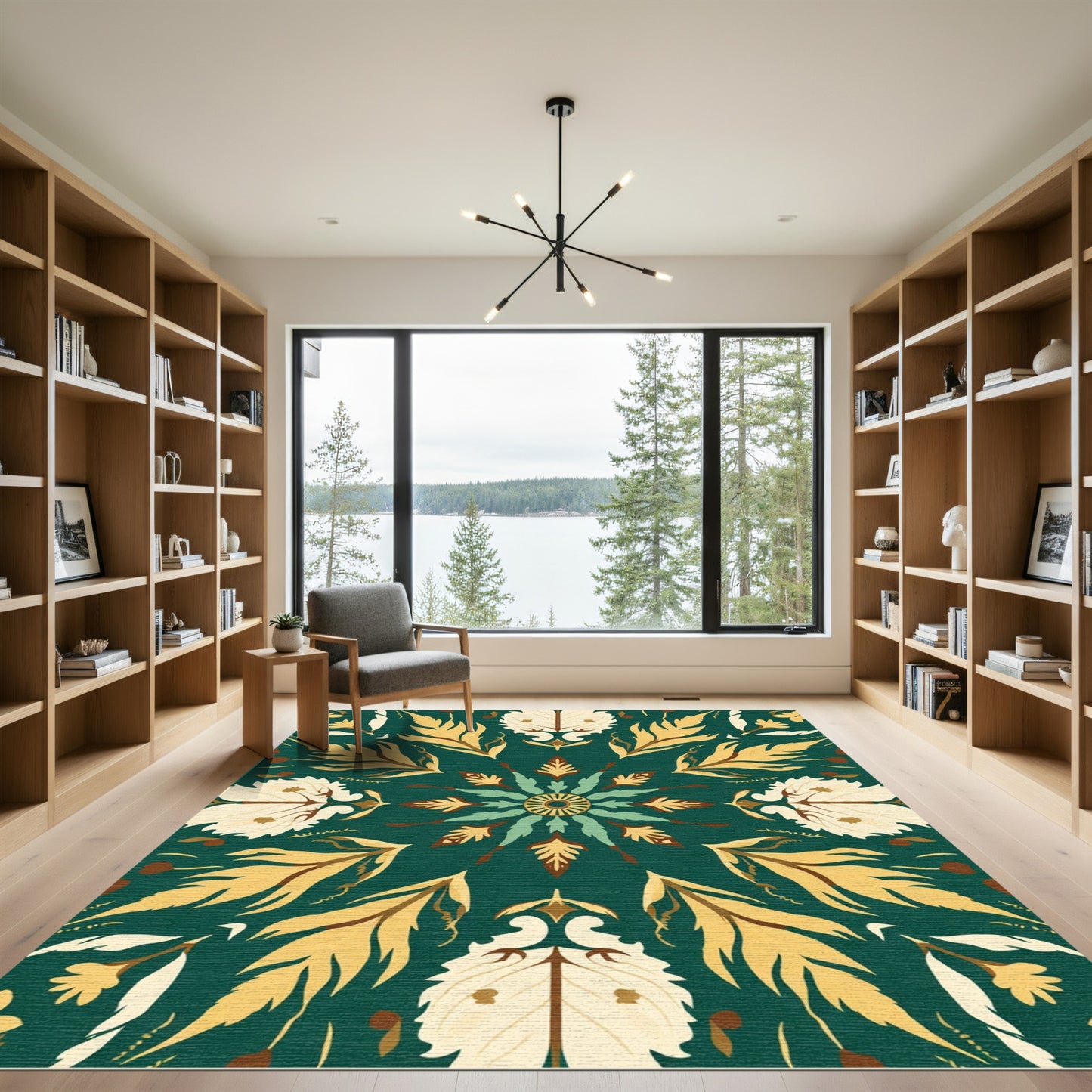 Green Teal Yellow Leaf Medallion Rug