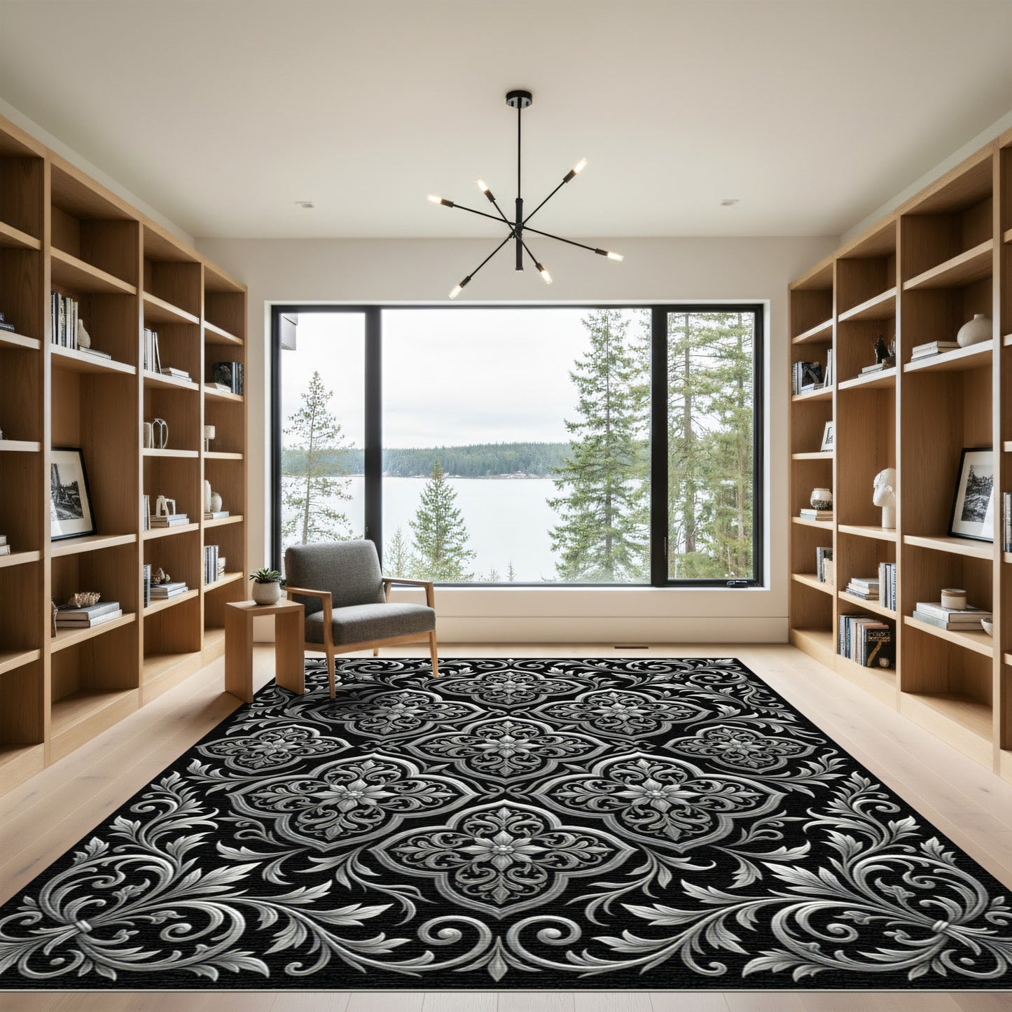 Ornate Silver Floral Scrollwork Rug