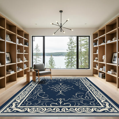 Cream Floral Inlay Navy Tapestry Rug