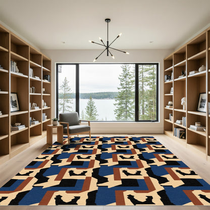 Geometric Abstract Brown Blue Beige Rug