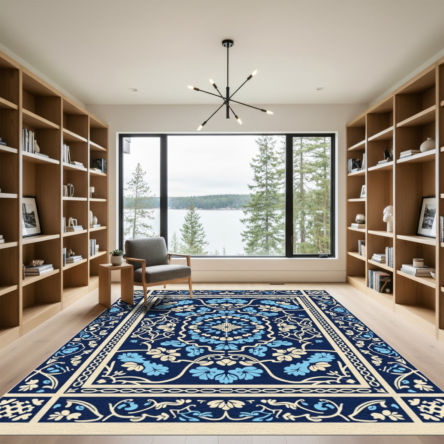 Navy Blue Floral Medallion Border Rug