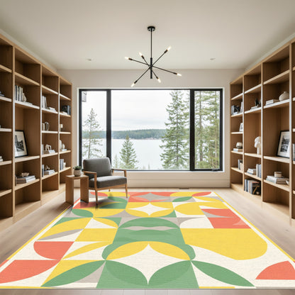 Mid-Century Coral Yellow Green Geometric Rug