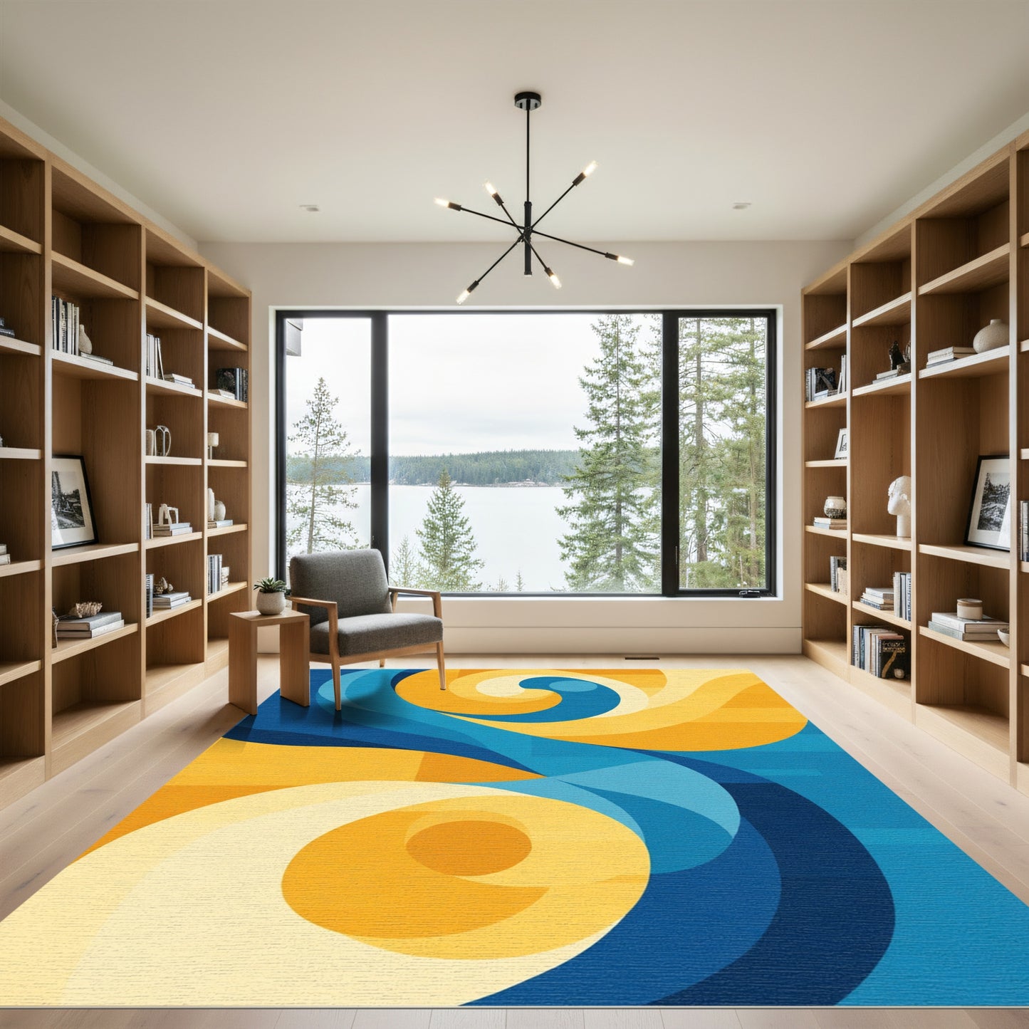 Modern Blue Golden Swirl Waves Rug