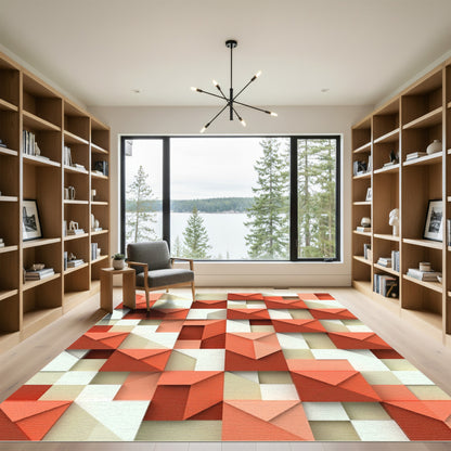 Coral Red Geometric Prism Illusion Rug