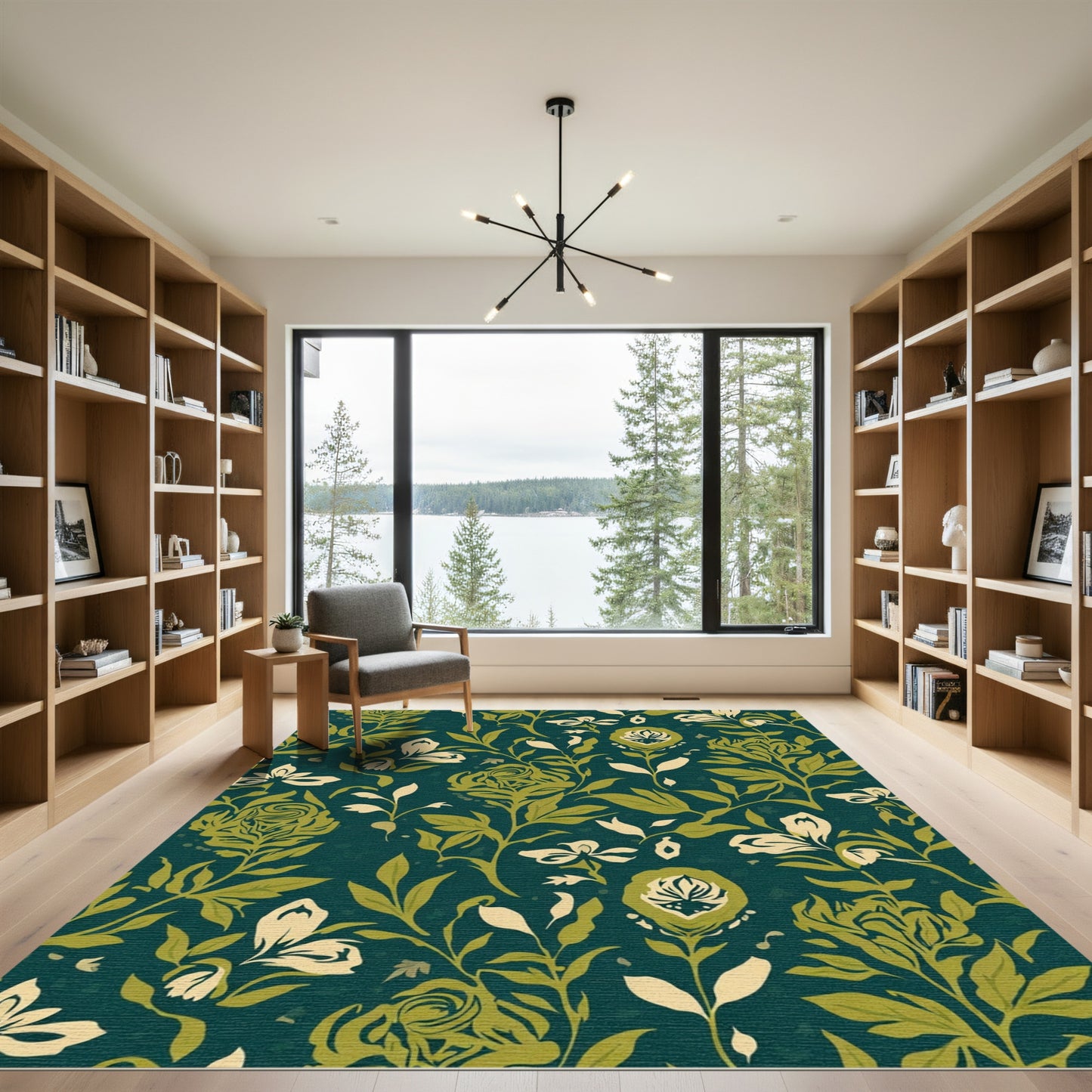 Deep Teal Verdant Floral Lattice Rug