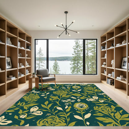 Deep Teal Verdant Floral Lattice Rug