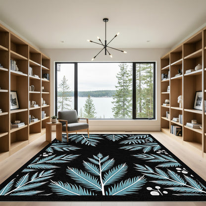 Teal Fern Branch Botanical Black Rug