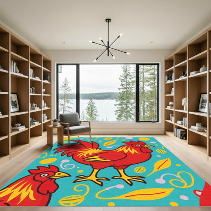 Folk Art Red Roosters Teal Background Rug