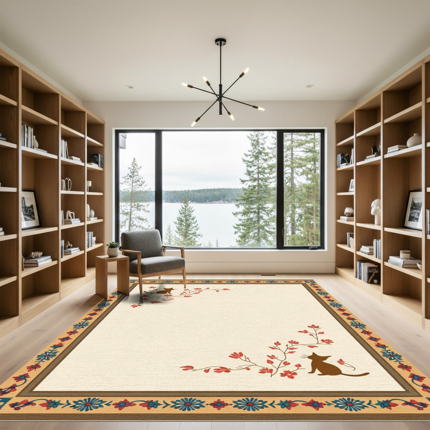 Brown Cat Red Floral Border Rug
