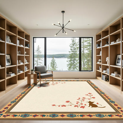 Brown Cat Red Floral Border Rug
