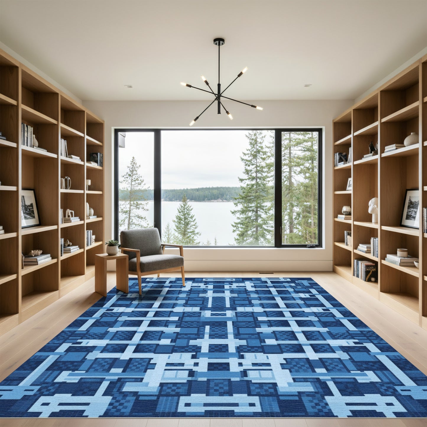 Deep Blue Geometric Grid Overlay Rug