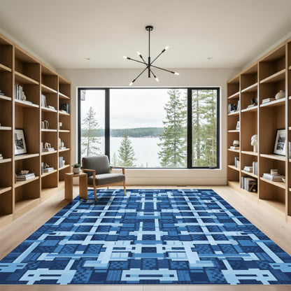 Deep Blue Geometric Grid Overlay Rug