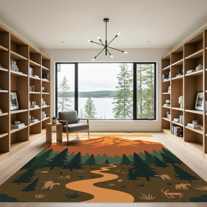 Orange Mountain Forest Pathway Animals Rug